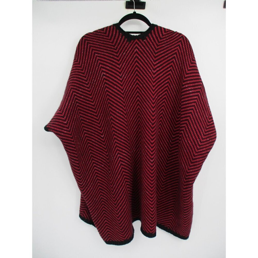 Ann Taylor Loft Poncho Sweater Womens OS Red Black Knit Short Sleeves Casual - Picture 13 of 16